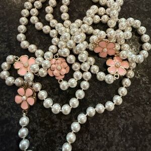 Pearl and Pink Flower Necklace 24"length